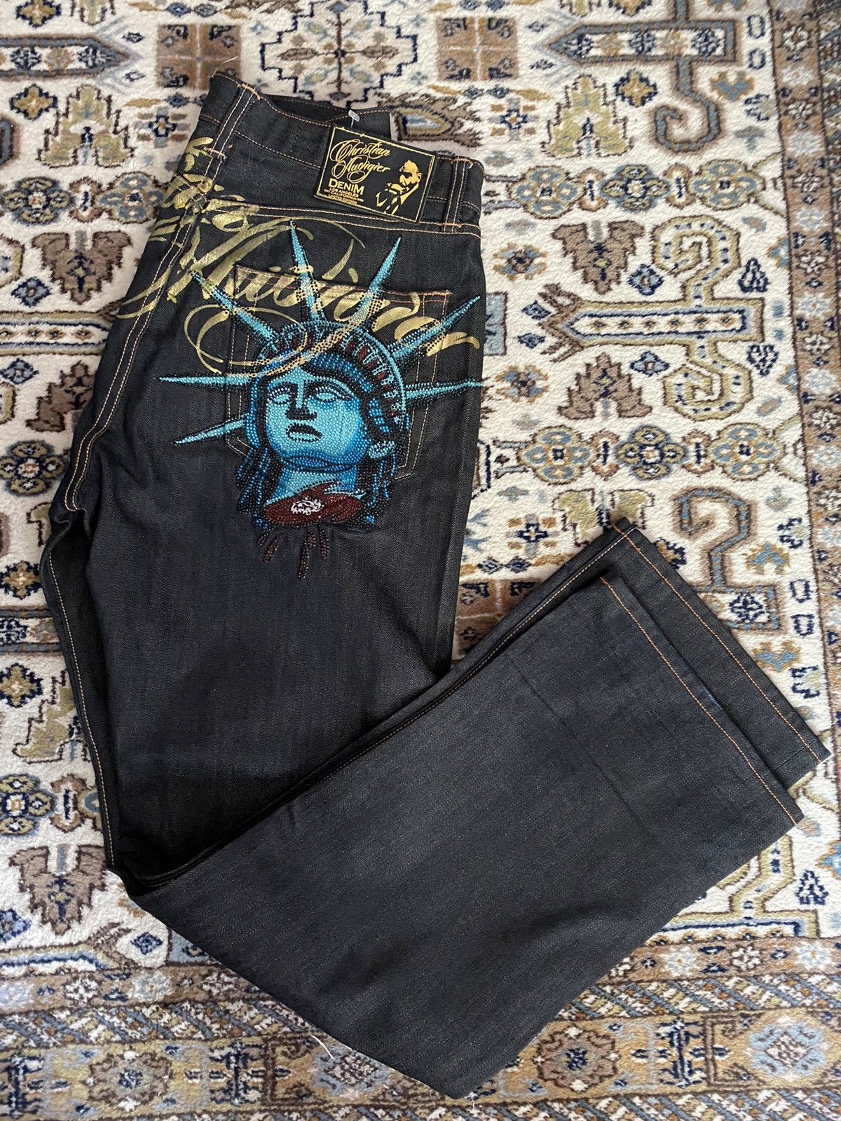 RARE Christian Audigier Statue of Liberty Jeans Swarowski