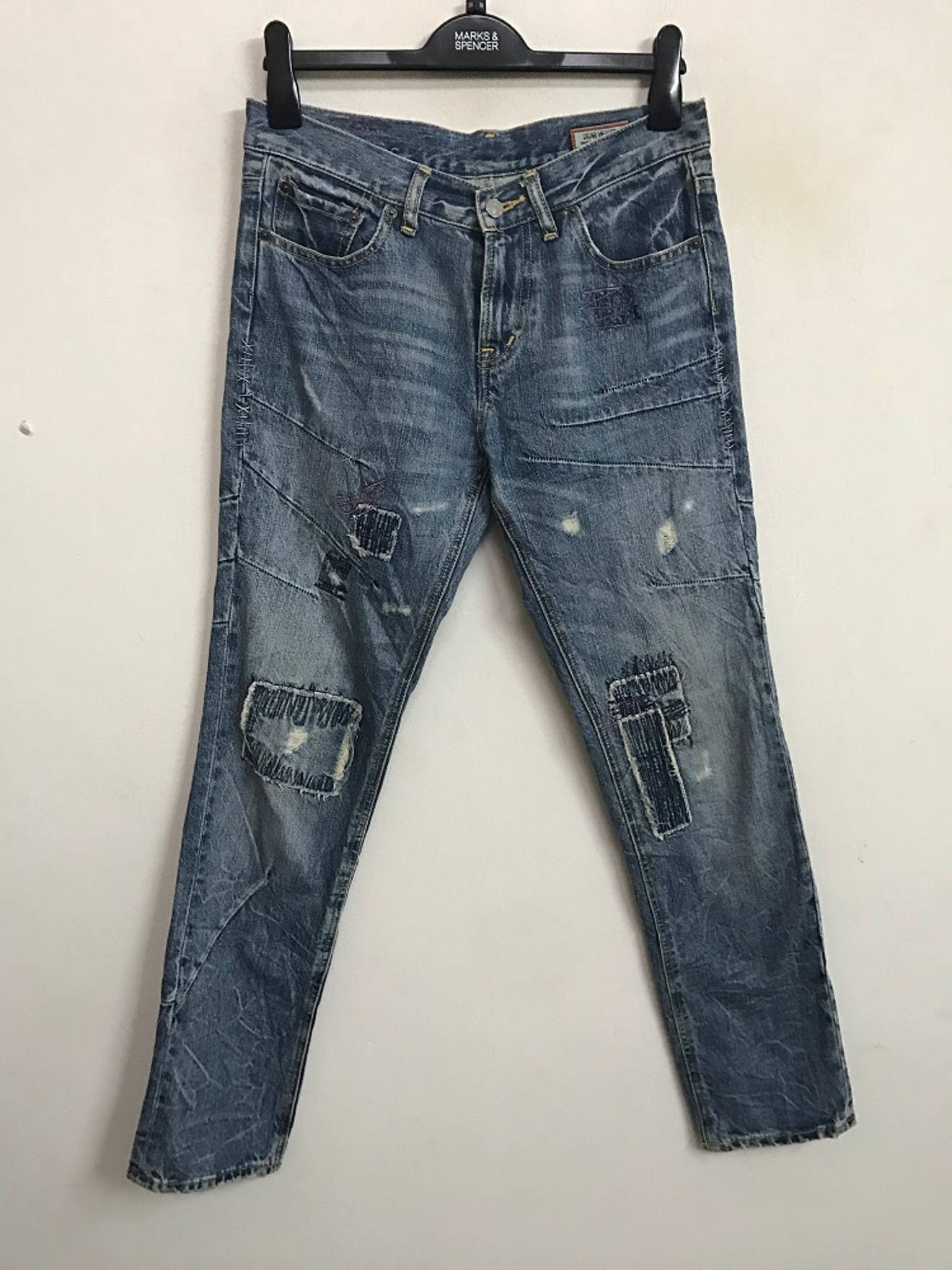 Vintage BISON Japan Rips Patchwork Exposed Stitching Denim Jeans Size US 31 - 1 Thumbnail