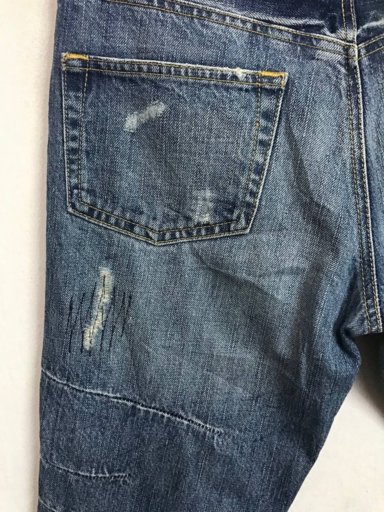 Vintage BISON Japan Rips Patchwork Exposed Stitching Denim Jeans Size US 31 - 11 Thumbnail