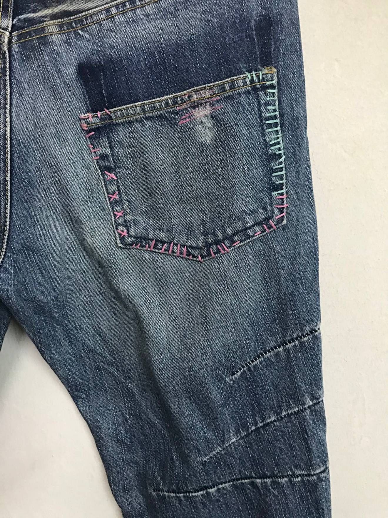 Vintage BISON Japan Rips Patchwork Exposed Stitching Denim Jeans Size US 31 - 14 Thumbnail