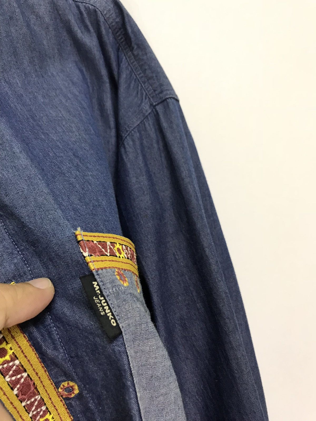 Japanese Brand Mr Junko Denim Chambray Shirt Thin Patchwork 6🟩2 Size US L / EU 52-54 / 3 - 3 Thumbnail