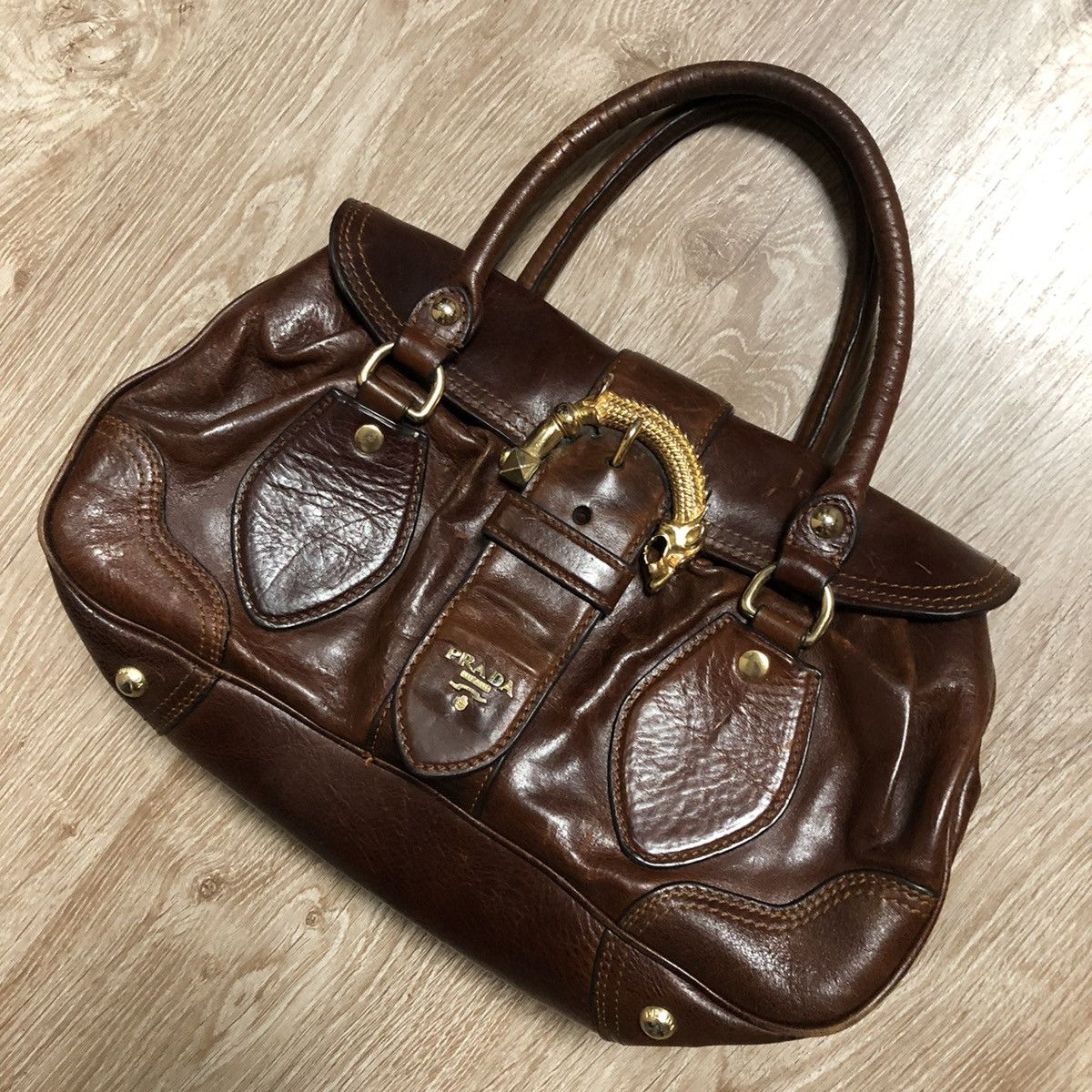 vintage PRADAブラウンバッグ Prada PRADA LAMPO Leather Gold-Tone Hardware Dragon ANIMALIER BAG