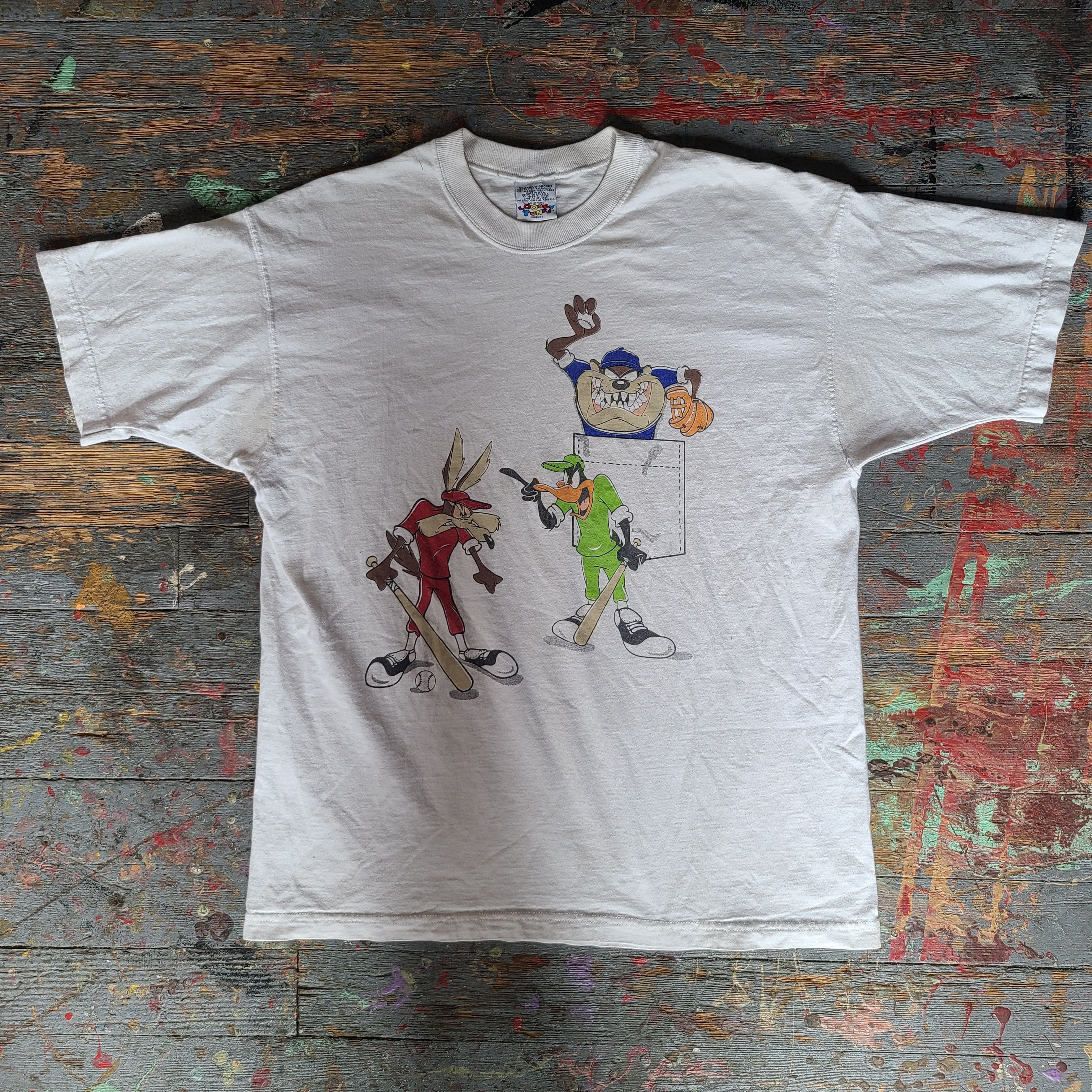 T-shirt Vintage Looney Tunes Années 90 - Taille L, Blanc, Coton, Rare Avec Taches
