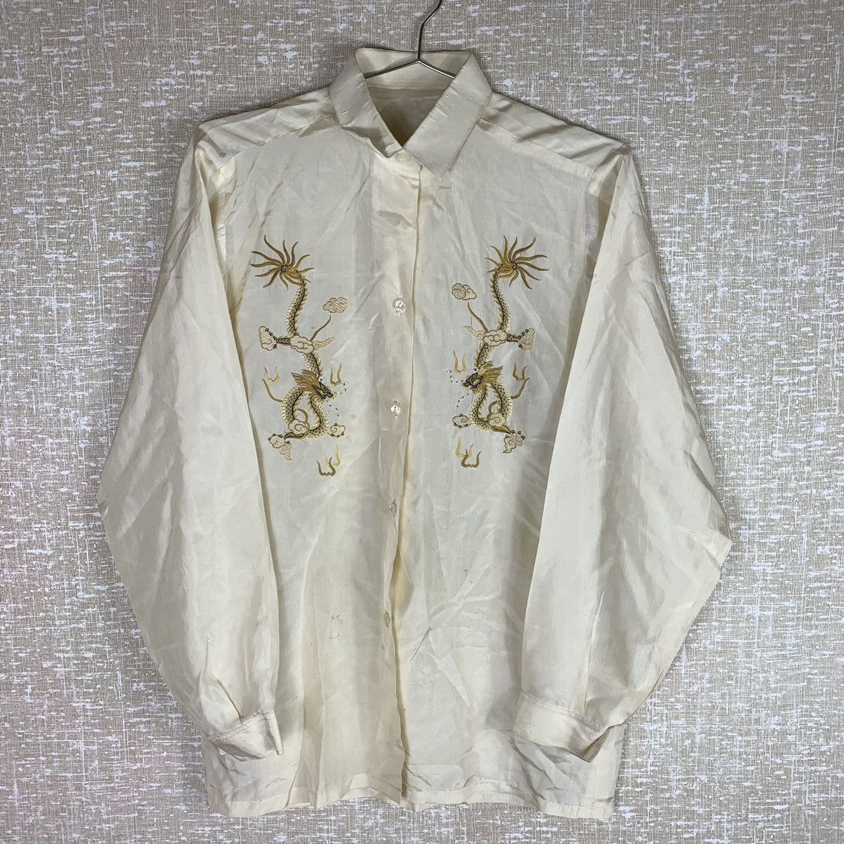 70s Vintage Feather-weight Dragon Embroidery Button-up
