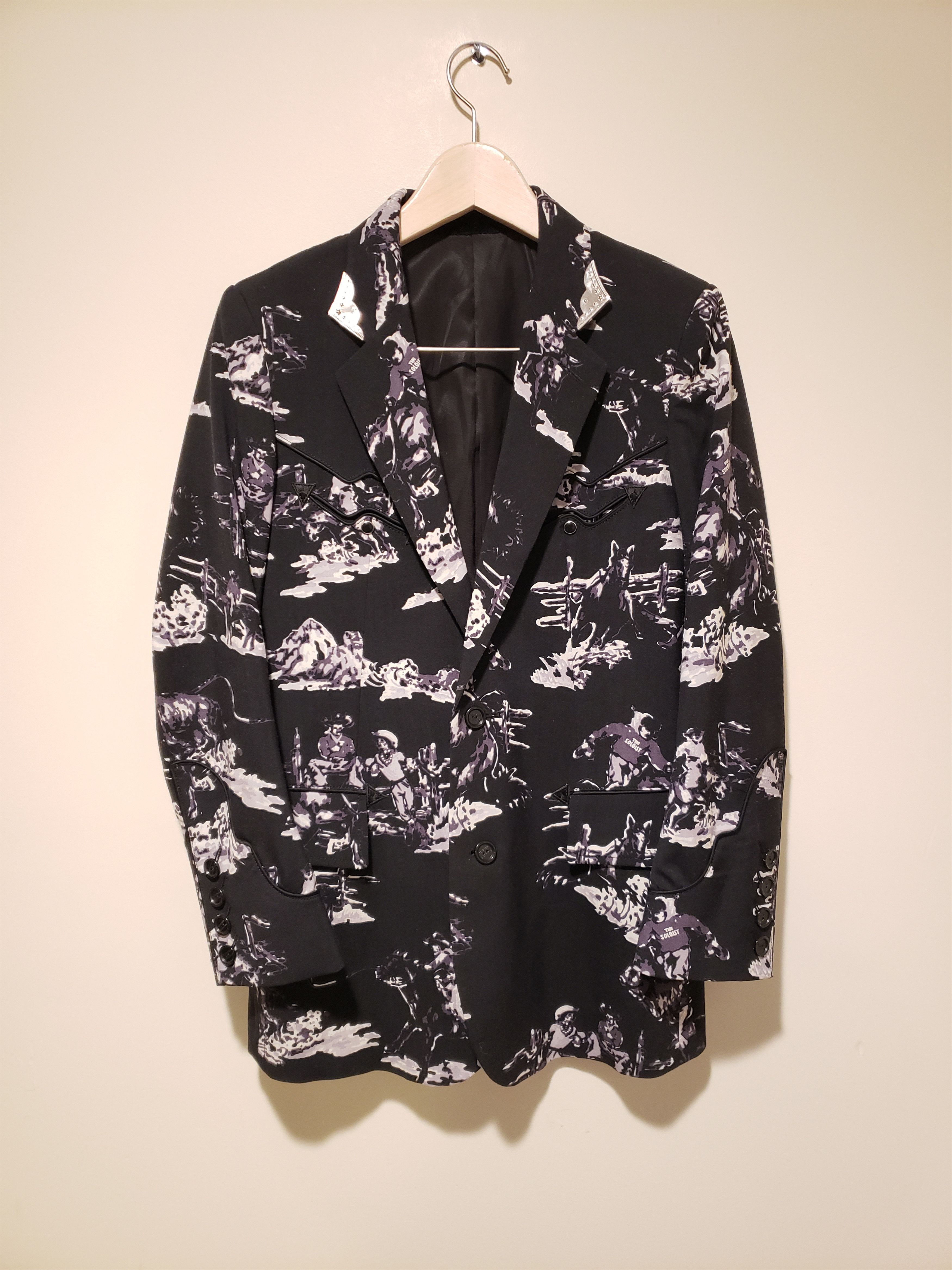 18 SS Black Metal-tipped Printed Wool-satin Suit Jacket