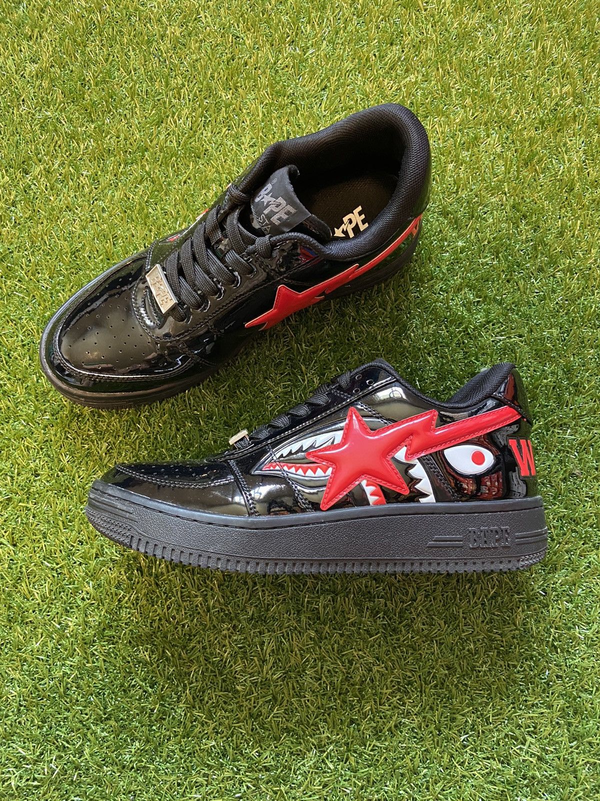 Bape Bape Bapesta Low Shark Face WGM Black Patent Leather Red | Grailed