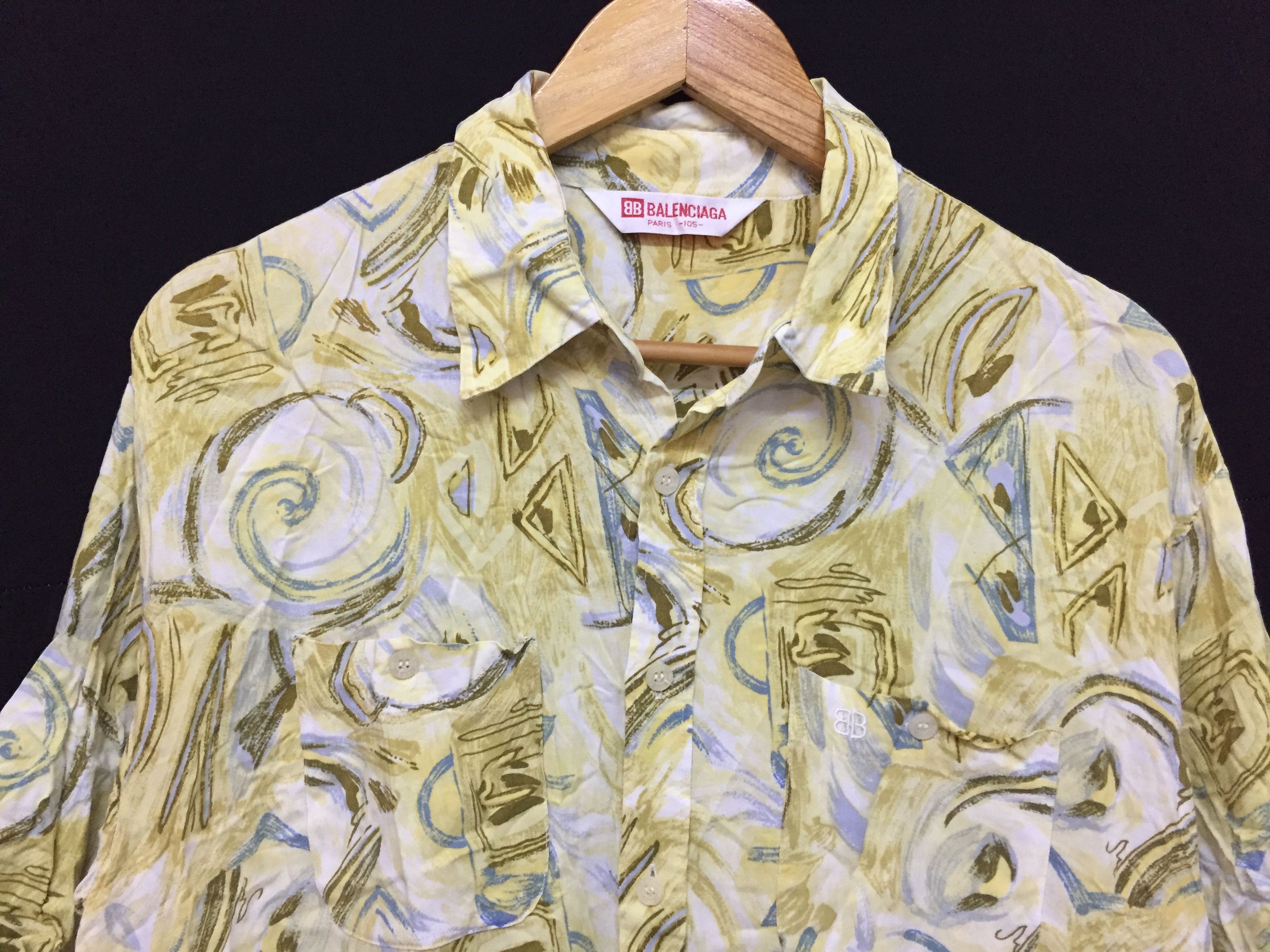 90's Balenciaga abstract yellow rayon shirt