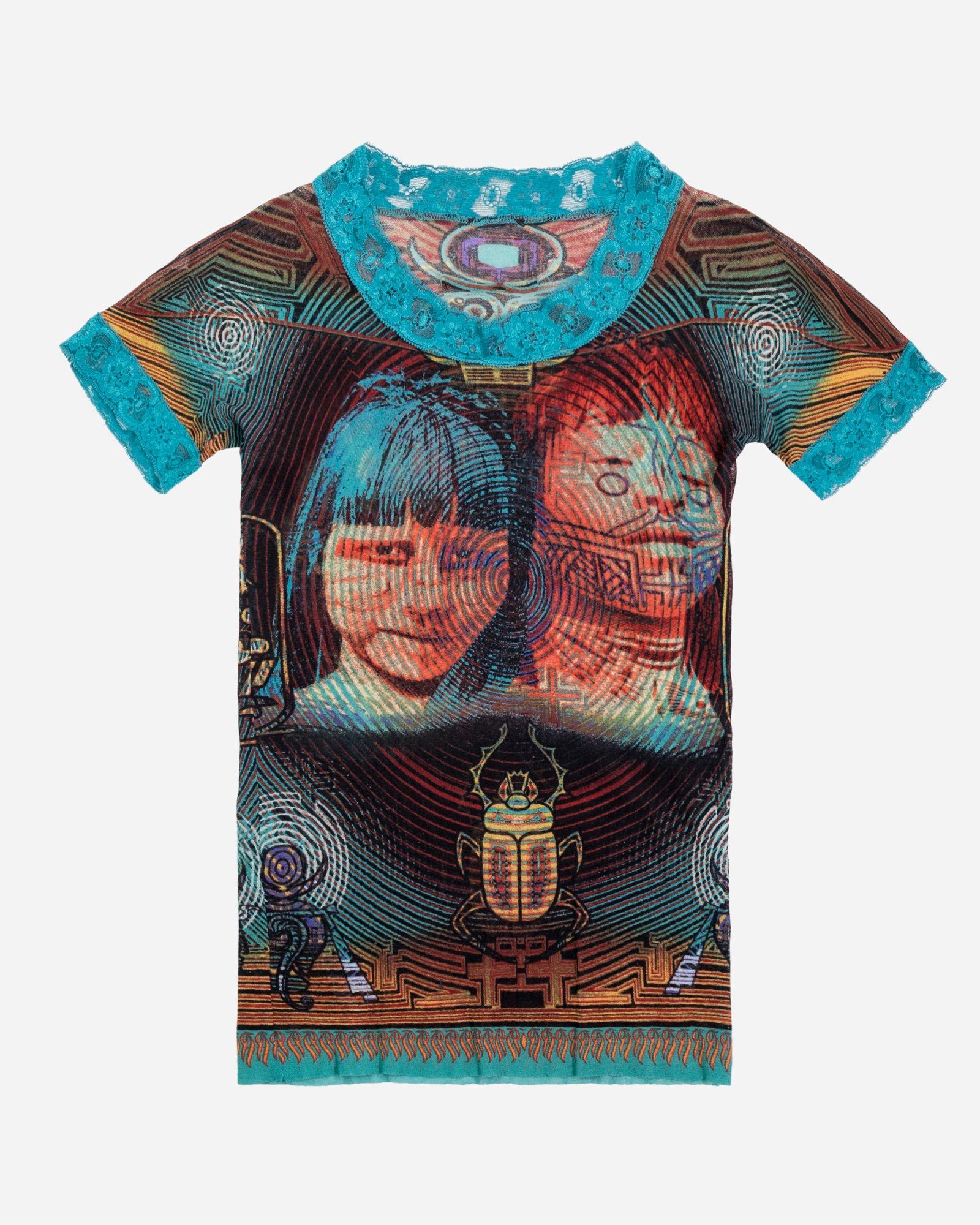 image of Jean Paul Gaultier Mesh T-Shirt With Lace Detail - 1990's in Blue, Men's (Size Medium)