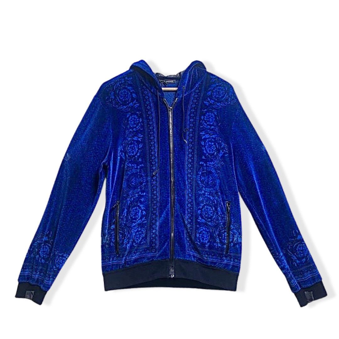 Versace Versace Blue Jacquard Velvet Leather Trim Zip Front Hoodie S Grailed