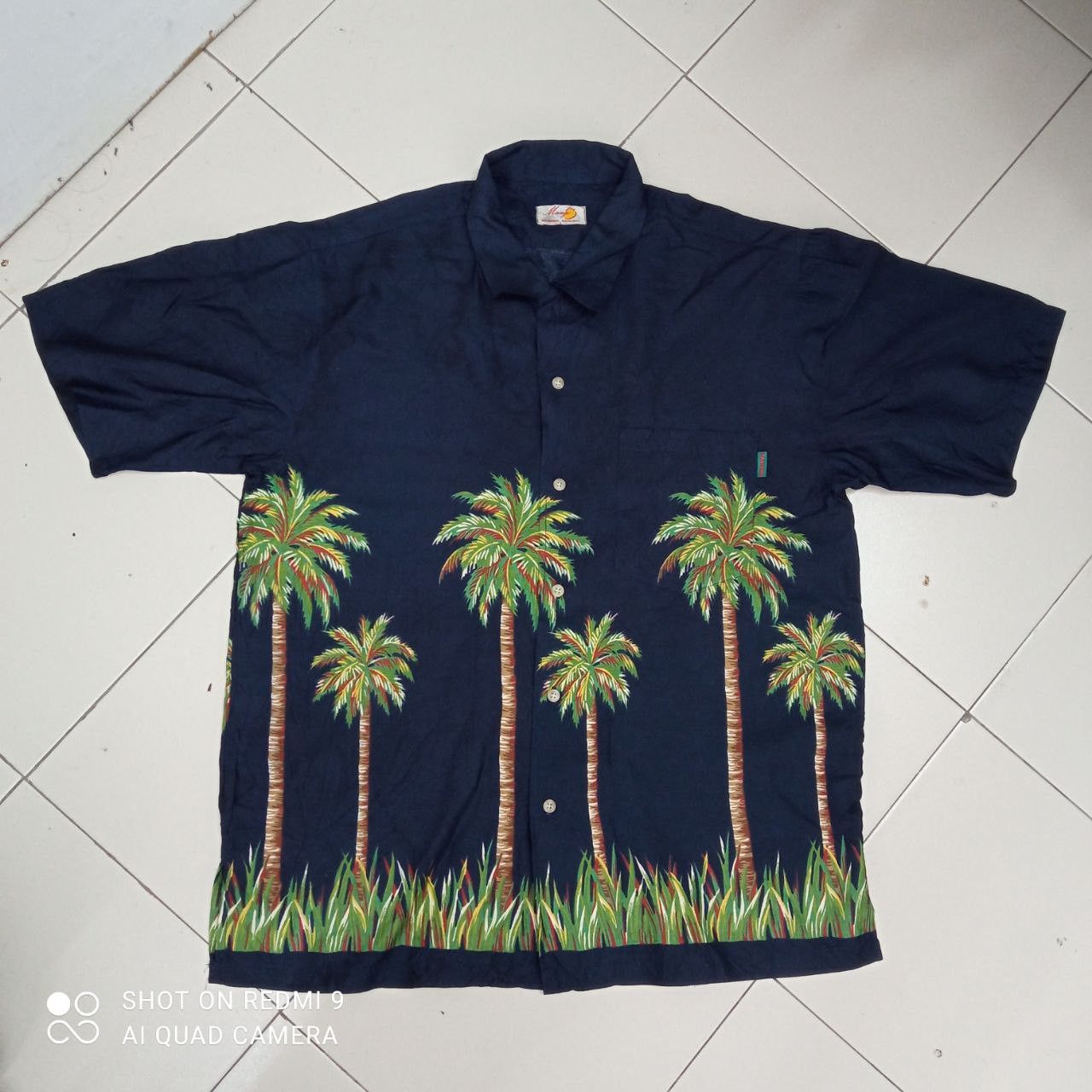 image of Hawaiian Shirt x Mango Okinawa Original Coconut Tree Button Ups Shirt in Dark Blue (Size Large)