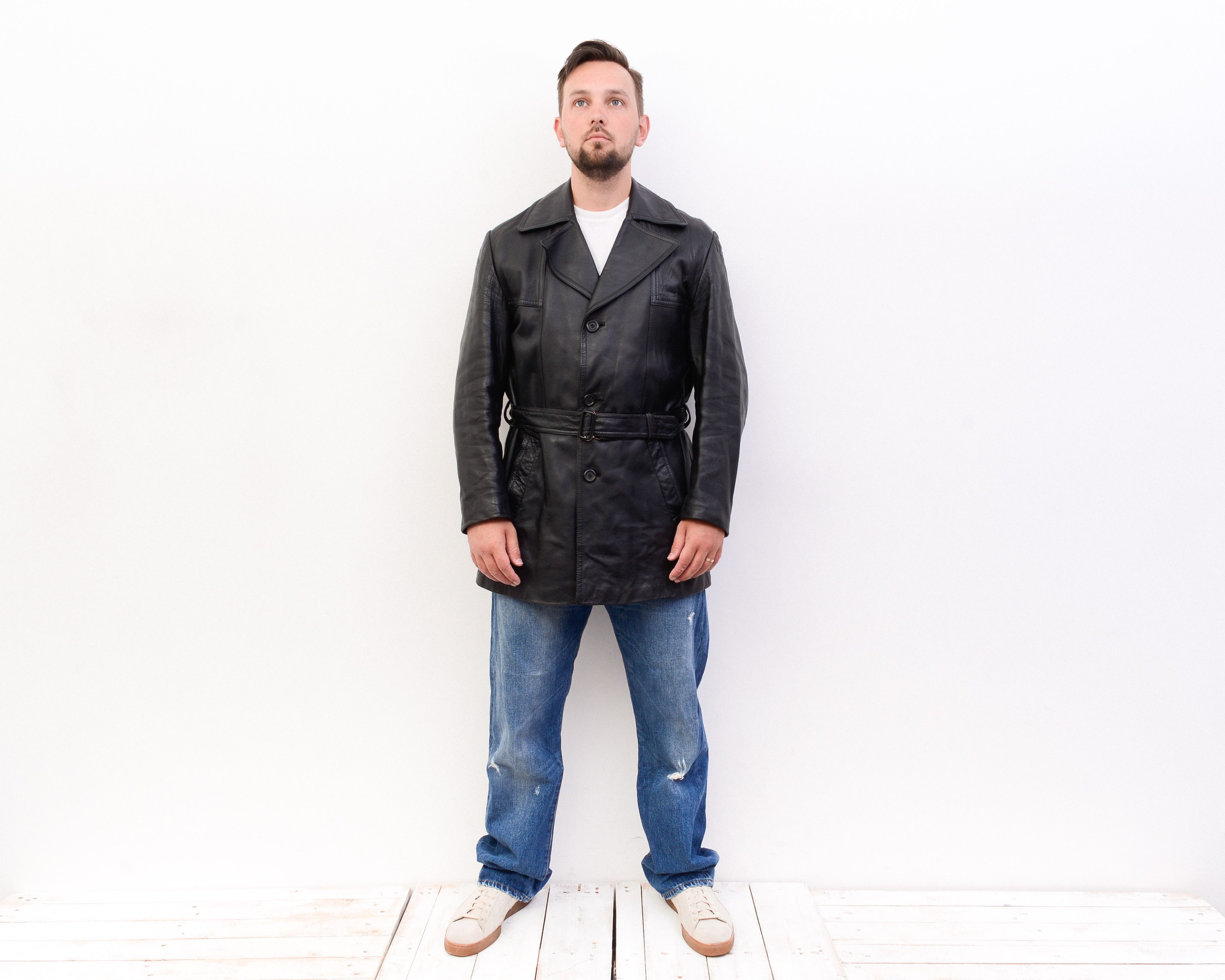 Vintage Leather UK 42 US Jacket Coat EU 52 Button up Trench Belted Grailed