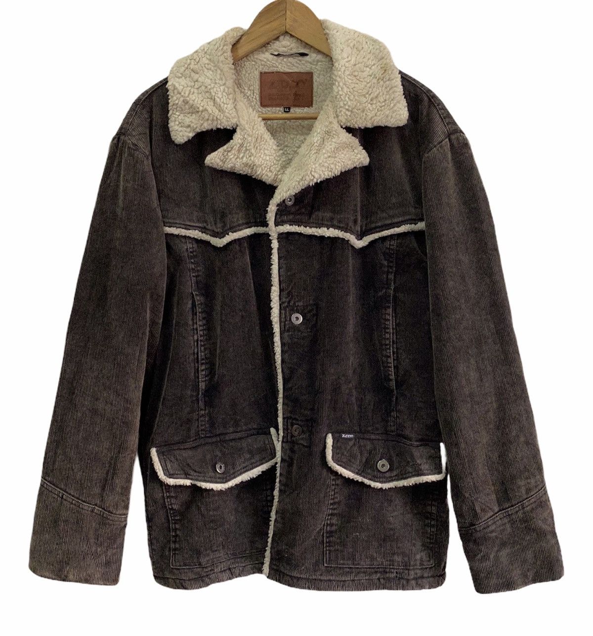 image of Sheepskin Coat x Vintage Iconic Zippo Usa Shearling Corduroy Button Coat in Grey (Size Medium)