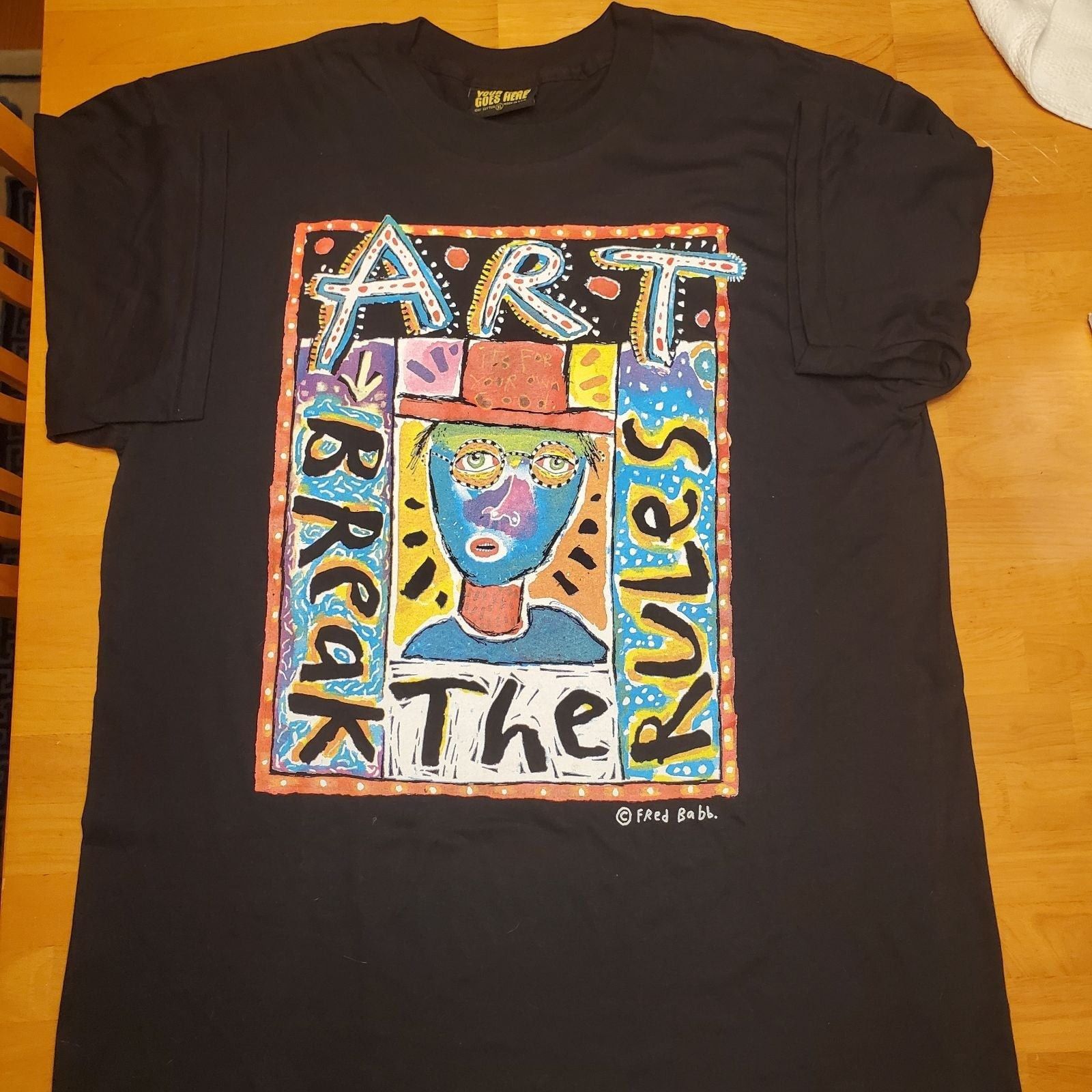 90s Fred Babb アートTee DISTRESSED Vintage 90s Fred Babb Art Breaks the Rules T