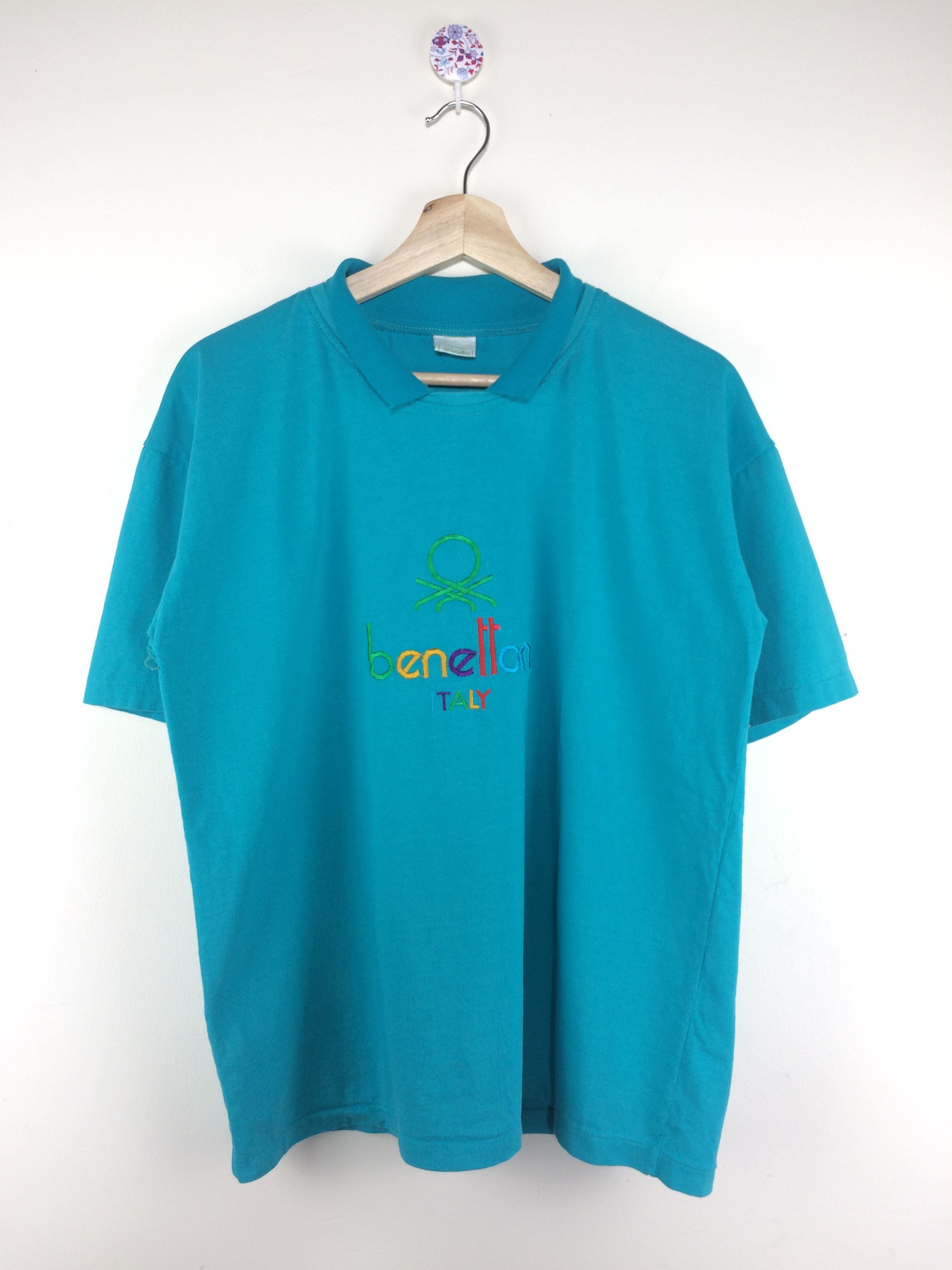 Vintage 80's Benetton Embroidered Spell Out Collar Tee