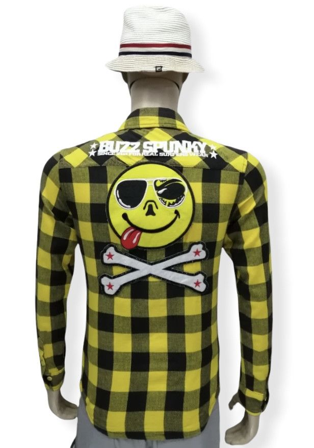 😋BUZZ SPUNKY Crossbones Smiley Yellow Tartan Shirt