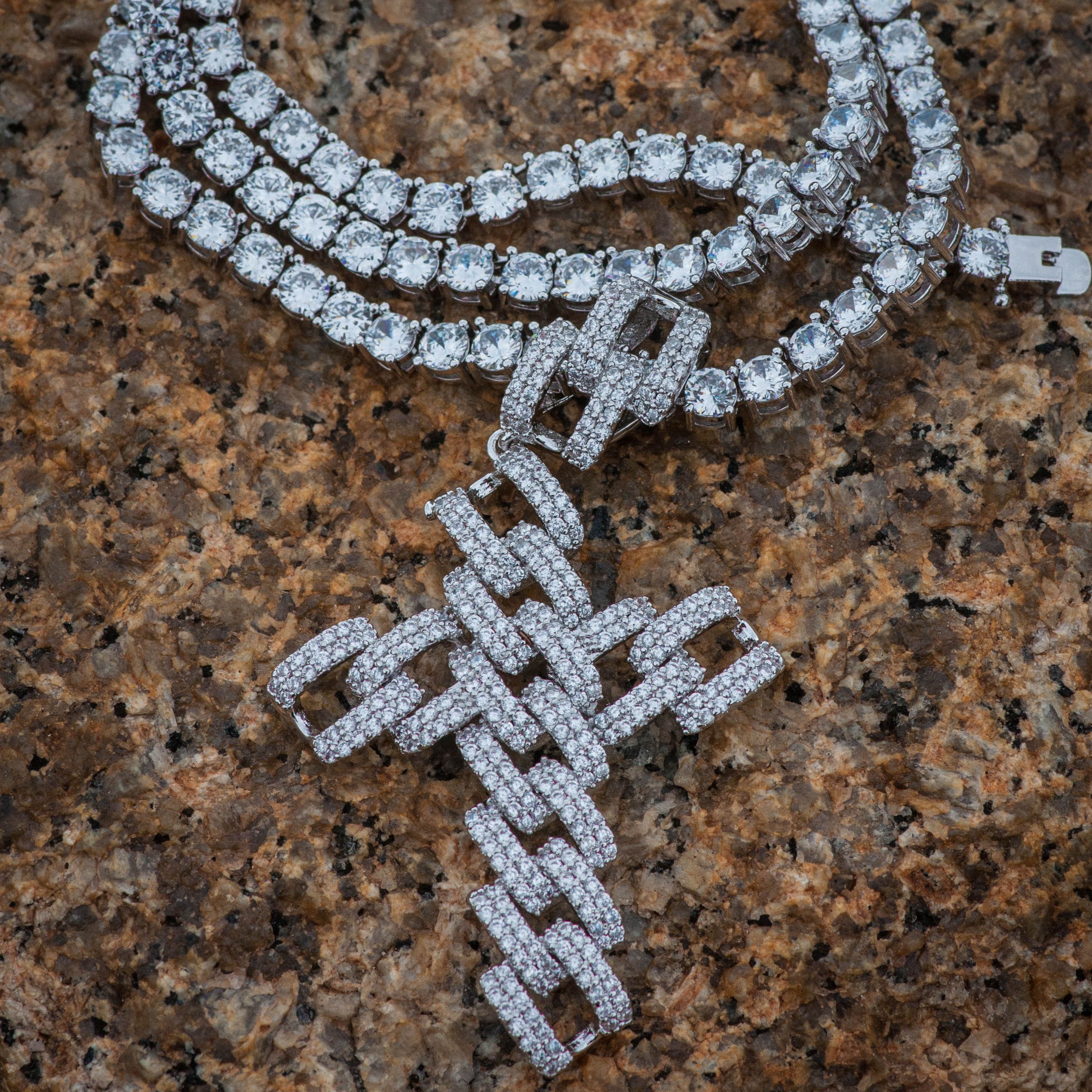 18k White Gold Diamond Cuban Link Cross w/ Tennis Chain - Main Image