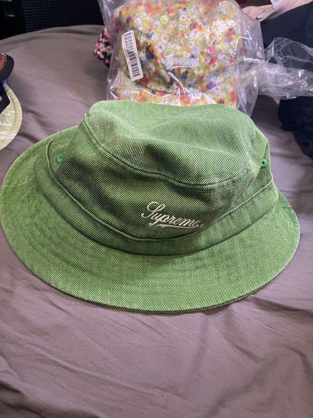 Supreme Warp Logo Denim Crusher Bucket Hat Green DS