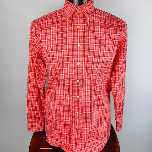 Orvis Salmon Pink Orange Plaid Button Down Shirt M