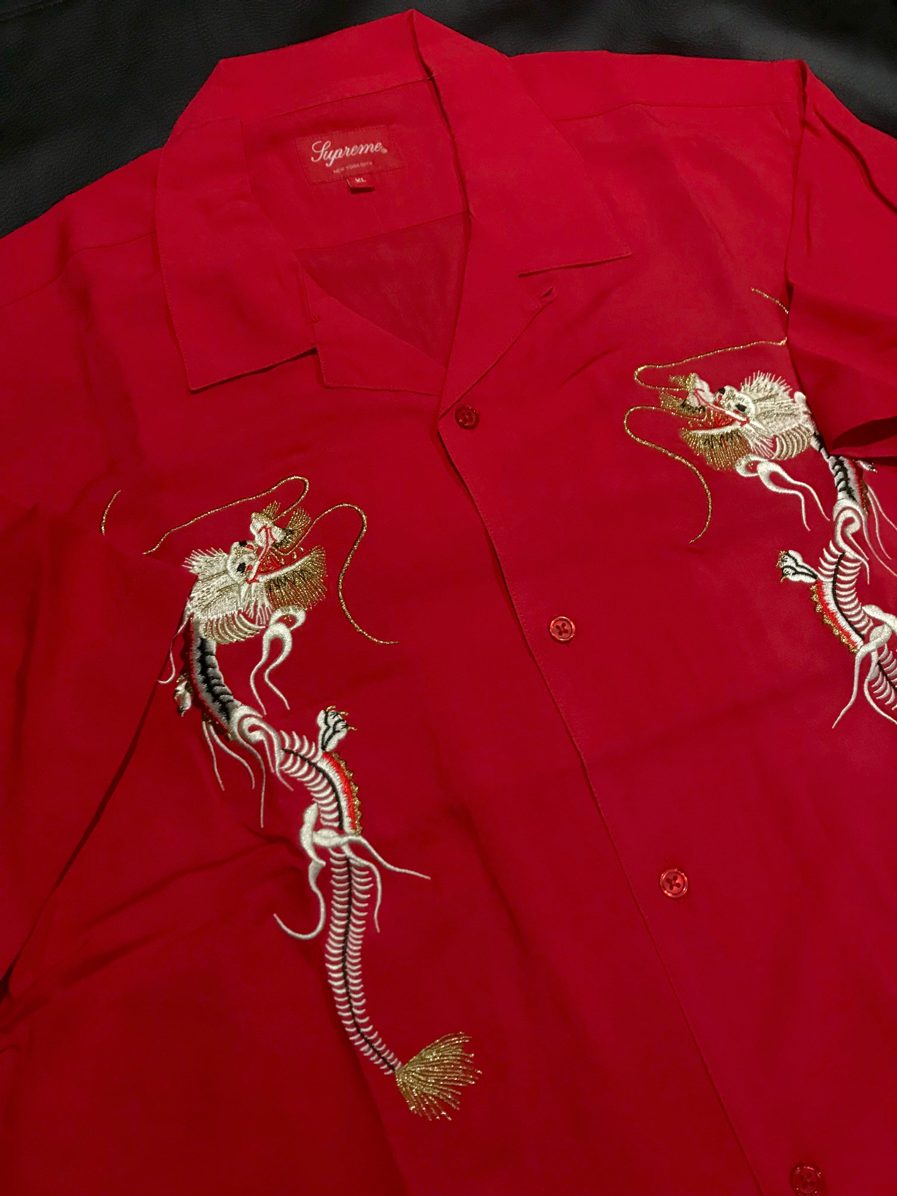 Supreme Supreme Embroidered Dragon Rayon Button Up Shirt *Red