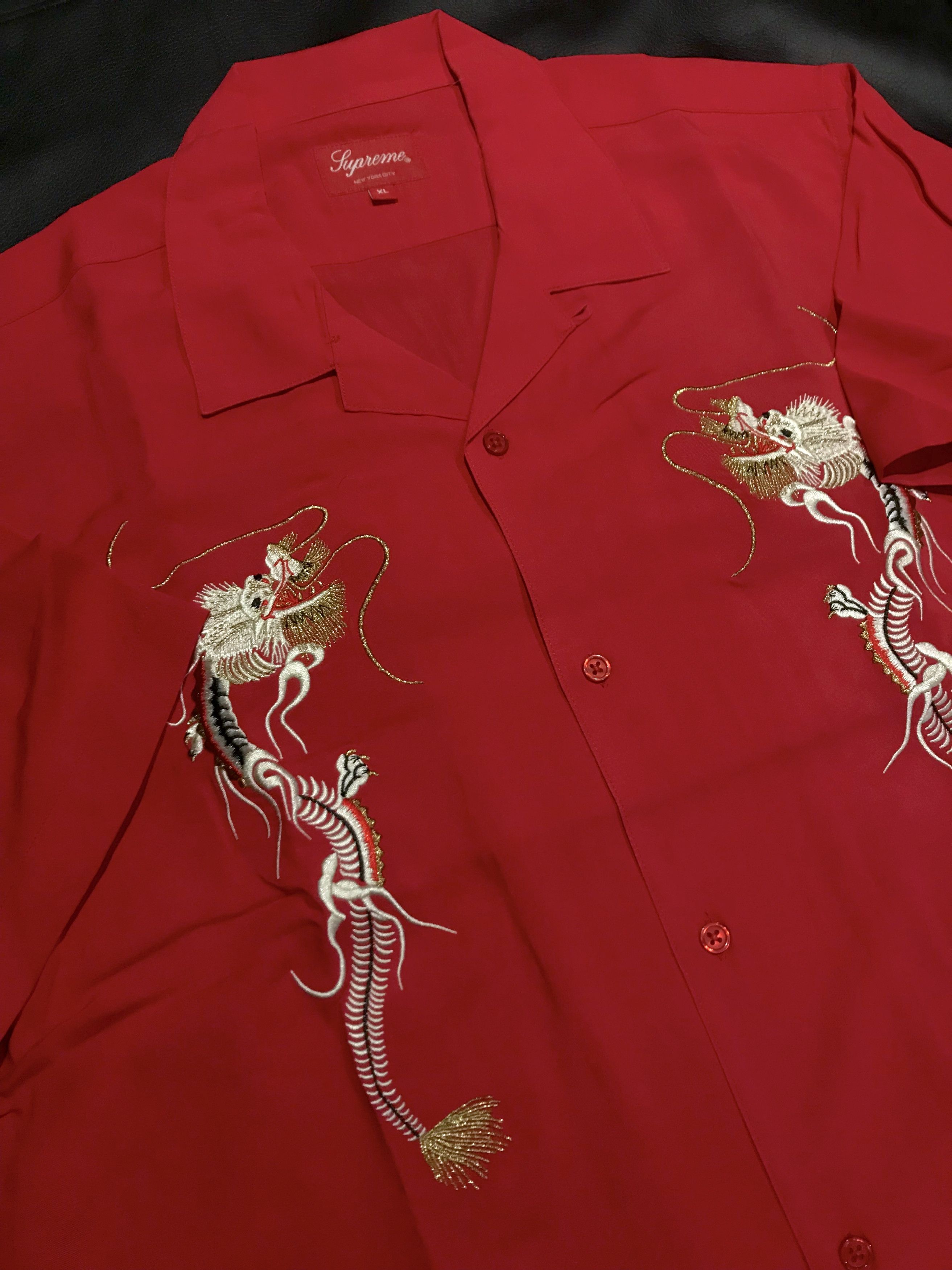 Supreme Supreme Embroidered Dragon Rayon Button Up Shirt *Red