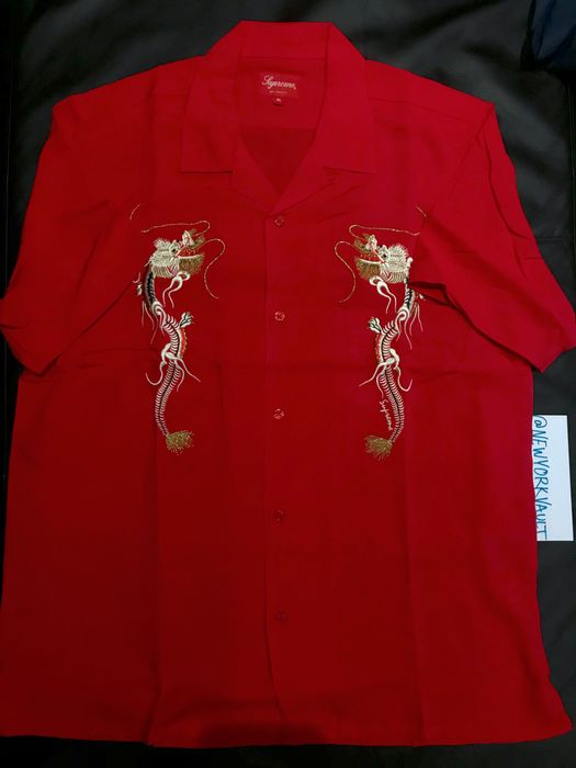 Supreme Supreme Embroidered Dragon Rayon Button Up Shirt *Red