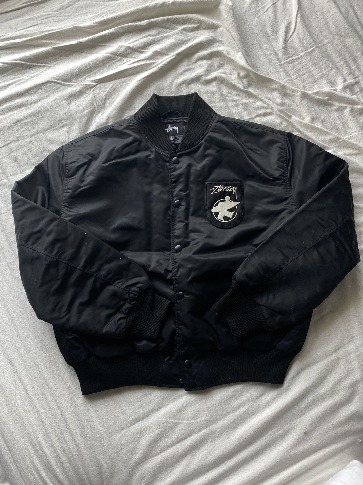 ジャケット・アウター STUSSY SURFMAN STADIUM JACKET Stussy Unisex Surfman Stadium Bomber Jacket Black 115580