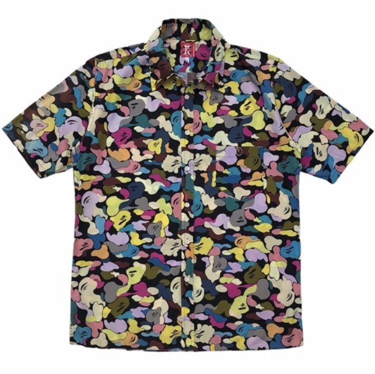 image of Bape Multi Camo Button Up S/s Shirt in Black, Men's (Size Large)