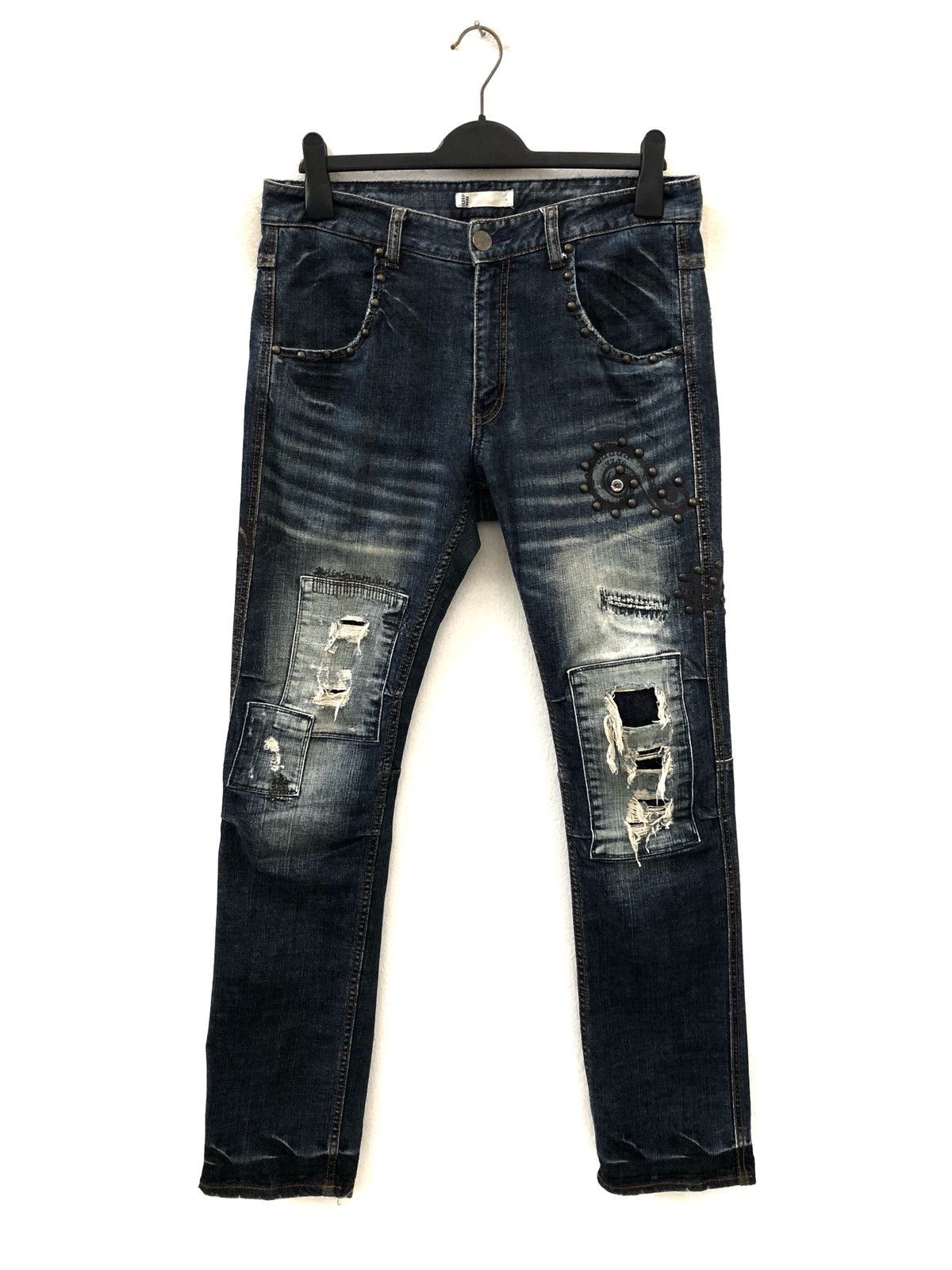 Global Work Japan Brand Beaded Studded Patchwork Distressed Slim Jeans Size US 32 / EU 48 - 1 Thumbnail