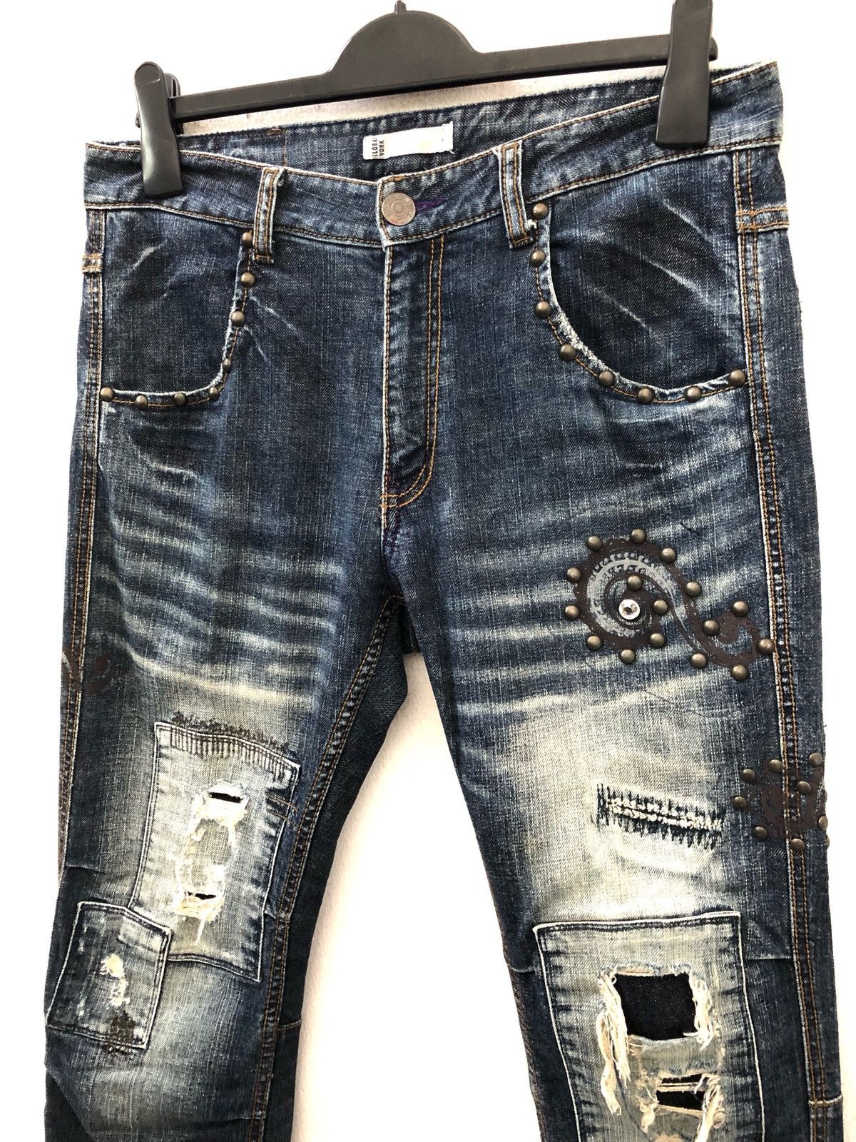 Global Work Japan Brand Beaded Studded Patchwork Distressed Slim Jeans Size US 32 / EU 48 - 2 Thumbnail