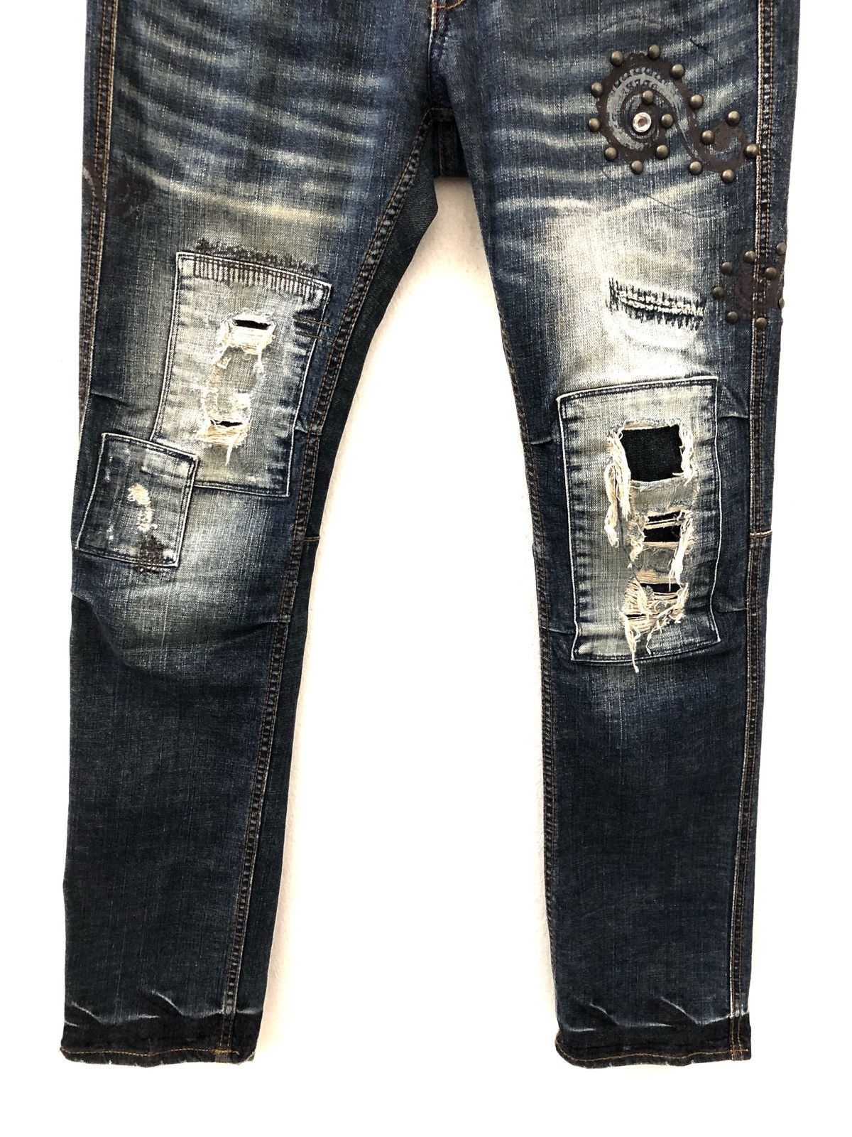 Global Work Japan Brand Beaded Studded Patchwork Distressed Slim Jeans Size US 32 / EU 48 - 3 Thumbnail