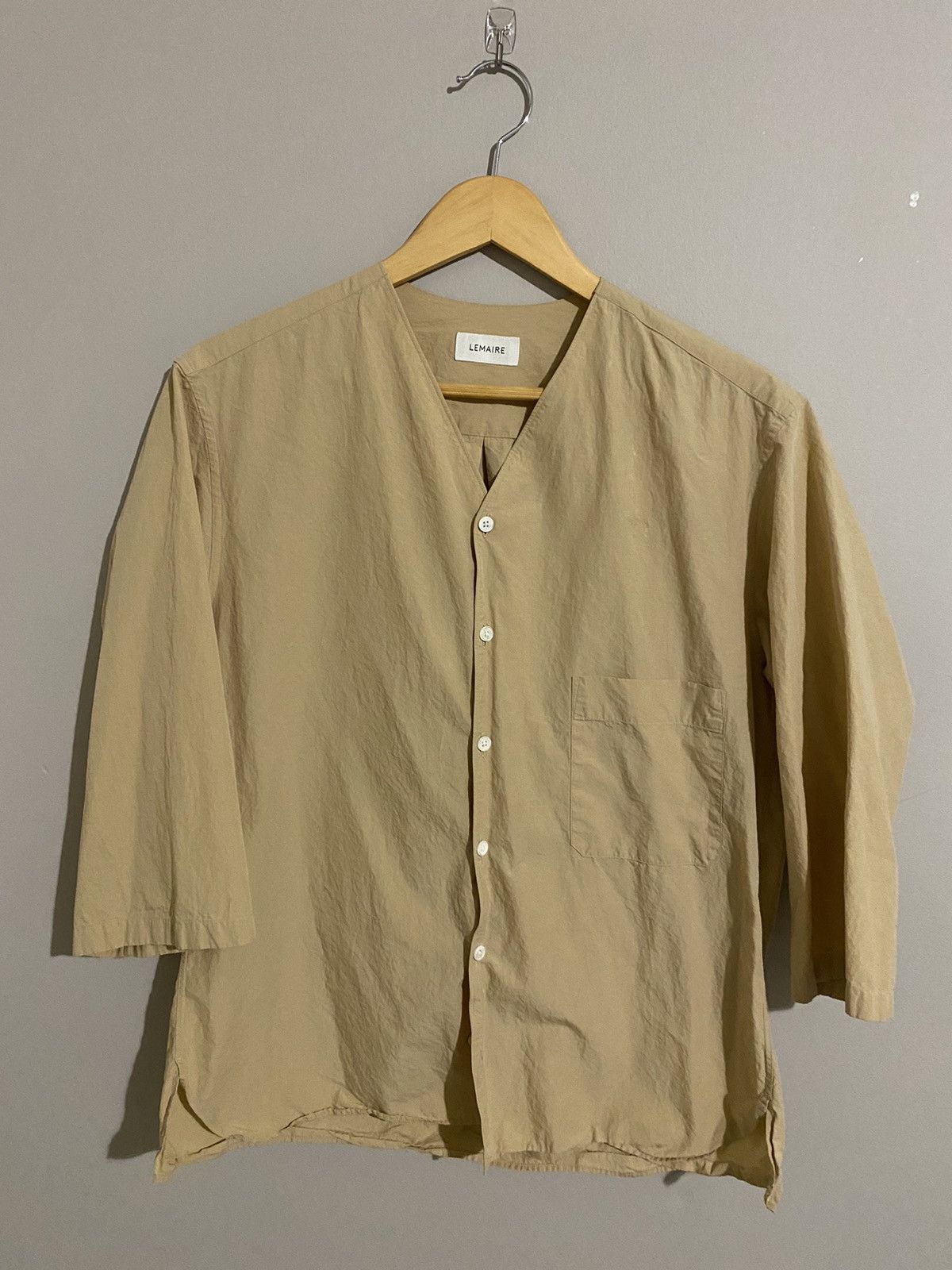 image of Lemaire V-Neck Button Down Shirt in Beige, Men's (Size Medium)