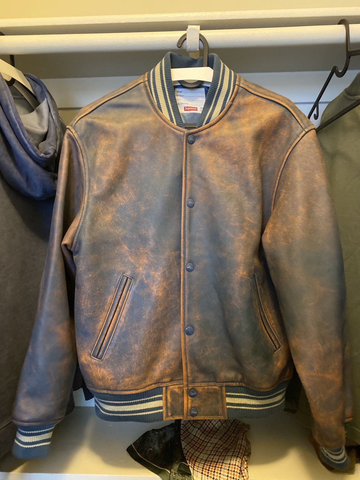 Supreme Worn Leather Varsity Jacket Blue