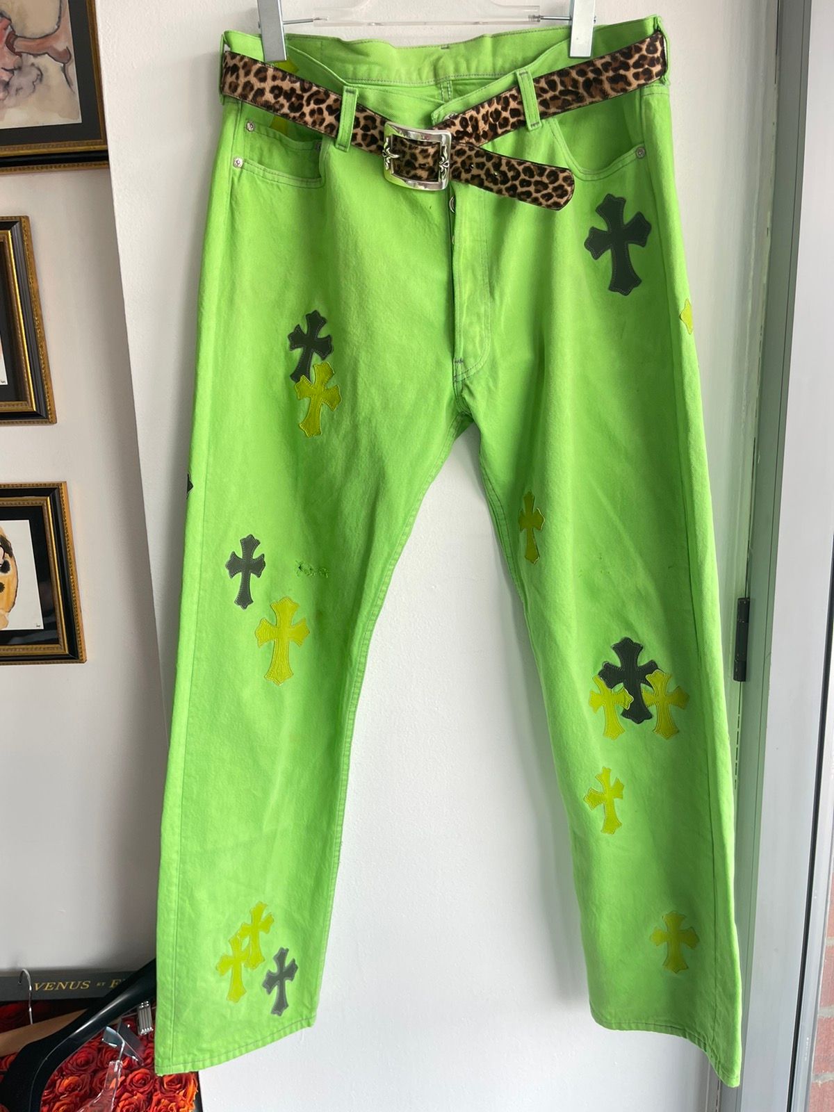 Chrome Hearts Green & Leopard Cross Patch Jeans