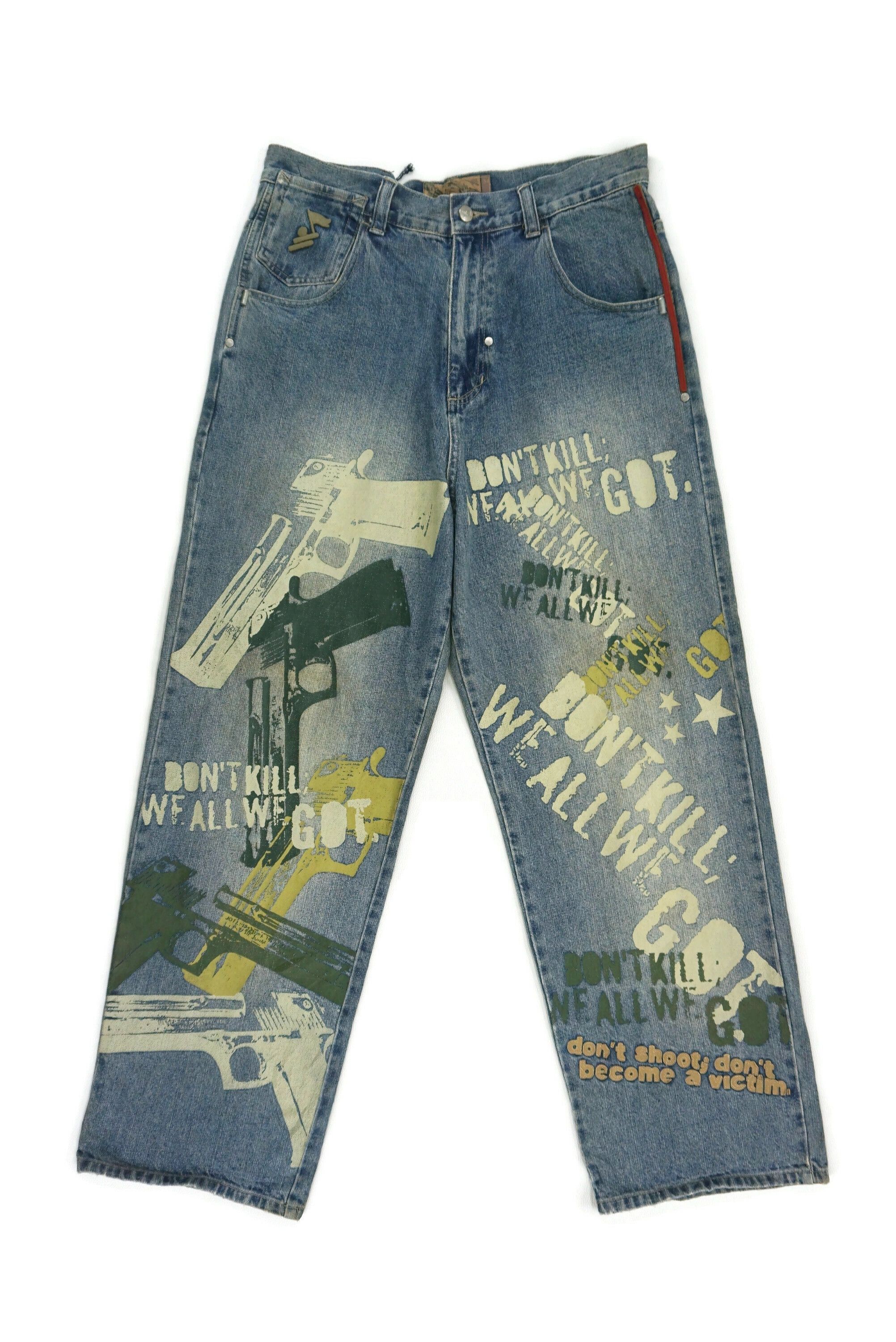 Vintage Arme Welcome To The Hood Derrick Murray Guns Printed Jeans 