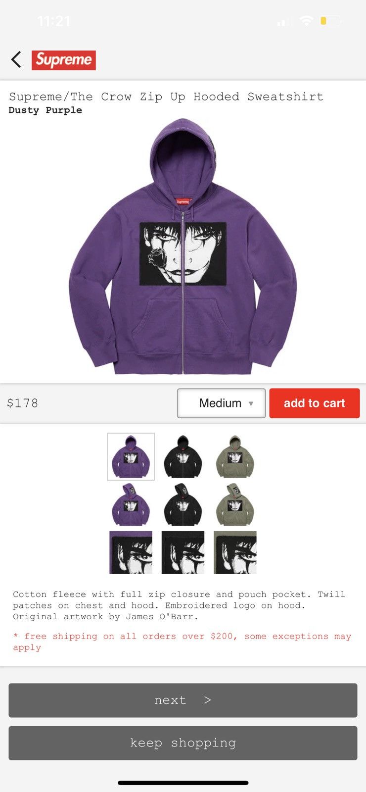 Supreme Supreme/The Crow Zip Up Hooded Sweatshirt | Grailed