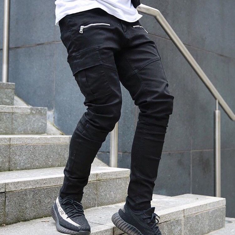 Black skinny fashion cargo pants men