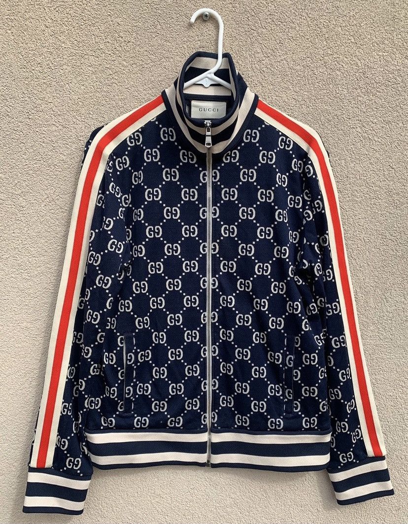 Image of Gucci Gg Jacquard Down Jacket in Blue, Men's (Size 2XL)