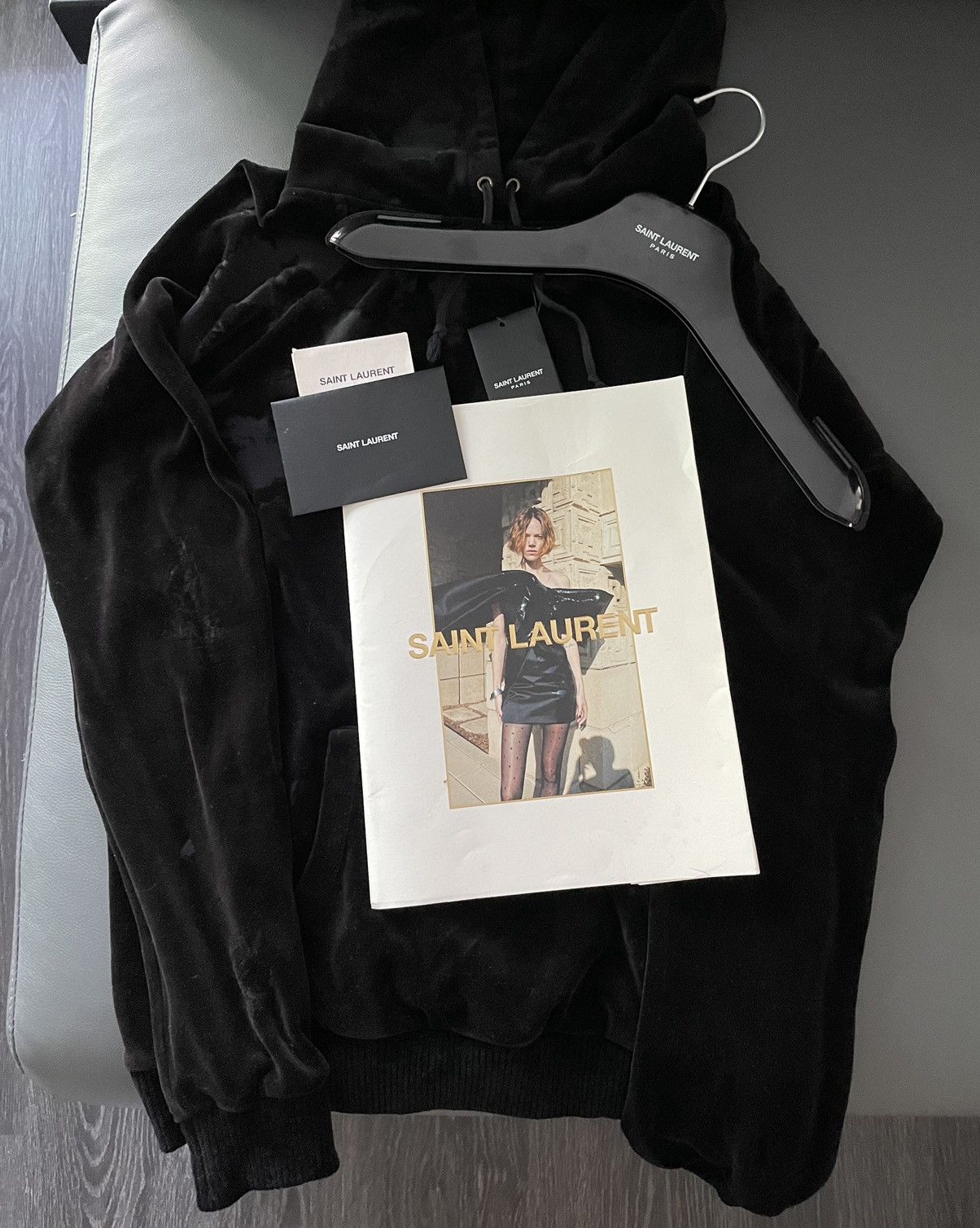 Hedi Slimane × Saint Laurent Paris × Yves Saint Laurent New SL Logo Velvet Distressed Ripped Hoodie Limited Edition Size US M / EU 48-50 / 2 - 14 Thumbnail
