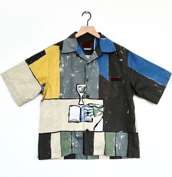SS17 Prada 'Still Life' Abstract Colour Block Camp Collar Shirt