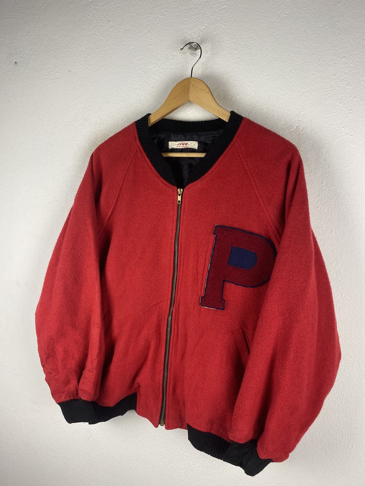 Vintage Jive Vintage Red Varsity Bomber Jacket - Retro Wool Blend Size US L / EU 52-54 / 3 - 5 Thumbnail