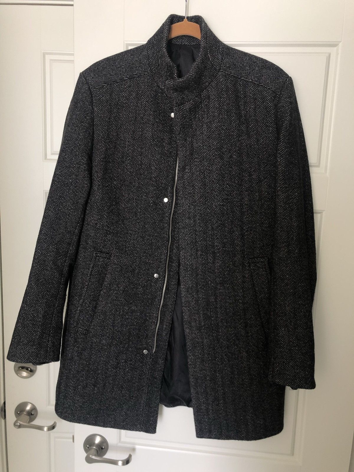 H&M H&M Black Herringbone Stand Up Collar Overcoat 38R Grailed