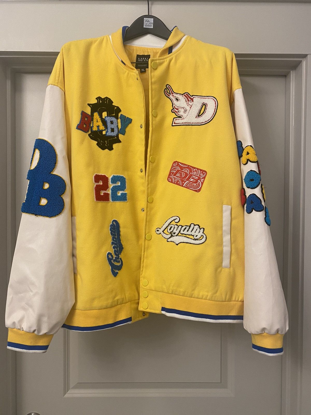 Jackets & Coats, Boohooman X Dababy Yellow Oversized Custom Varsity Jacket  With Patches
