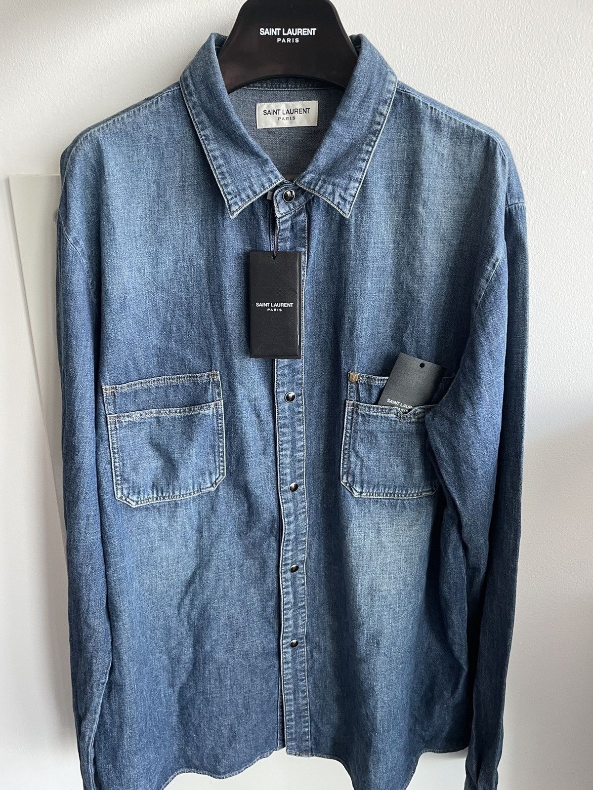 Saint Laurent Paris × Yves Saint Laurent $1K Brand NEW Runway Limited Edition Distressed Denim Shirt Size US L / EU 52-54 / 3 - 4 Thumbnail