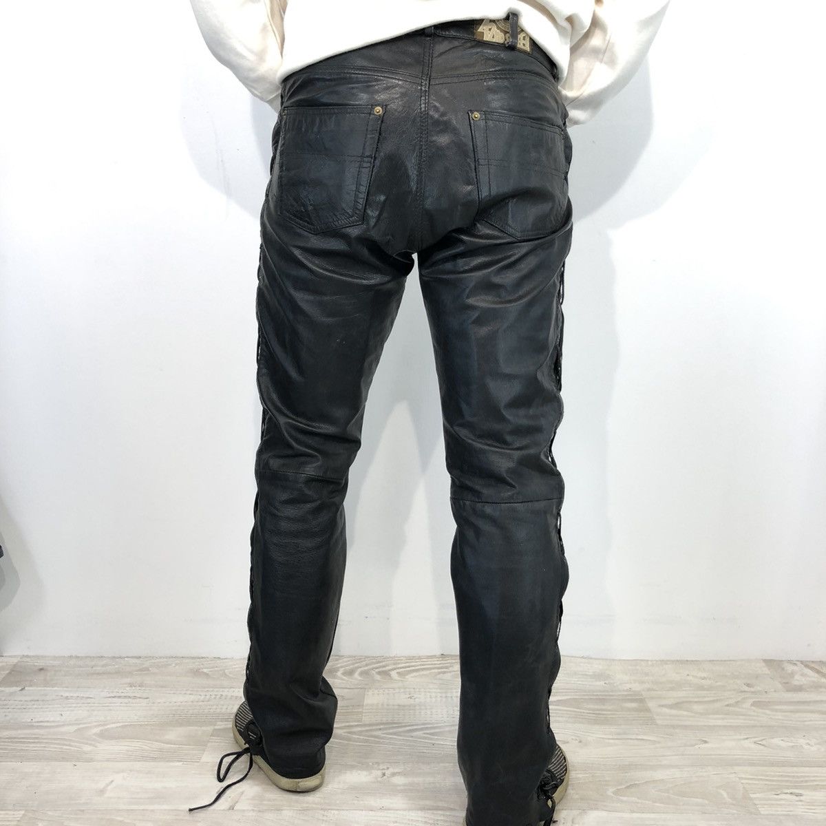 Leather Vintage Black Genuine Leather Lace Up Motorcycle Pants Size US 33 - 2 Thumbnail