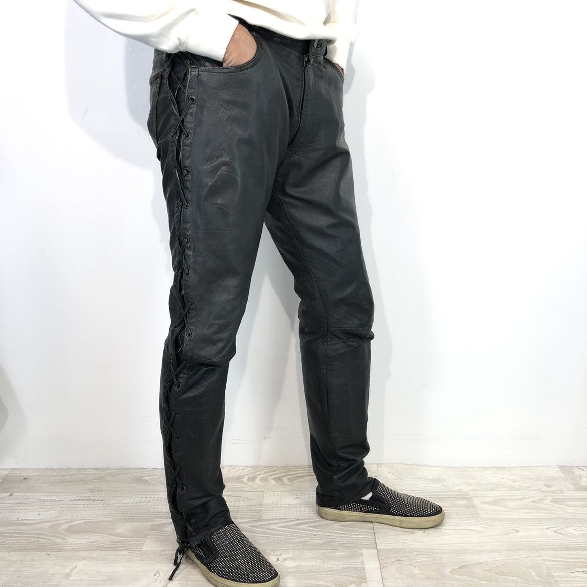 Leather Vintage Black Genuine Leather Lace Up Motorcycle Pants Size US 33 - 1 Thumbnail