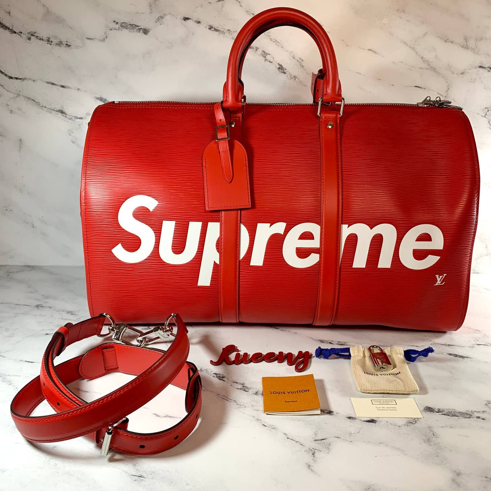 Louis Vuitton Louis Vuitton X Supreme Red Epi Keepall Bandouliere 45