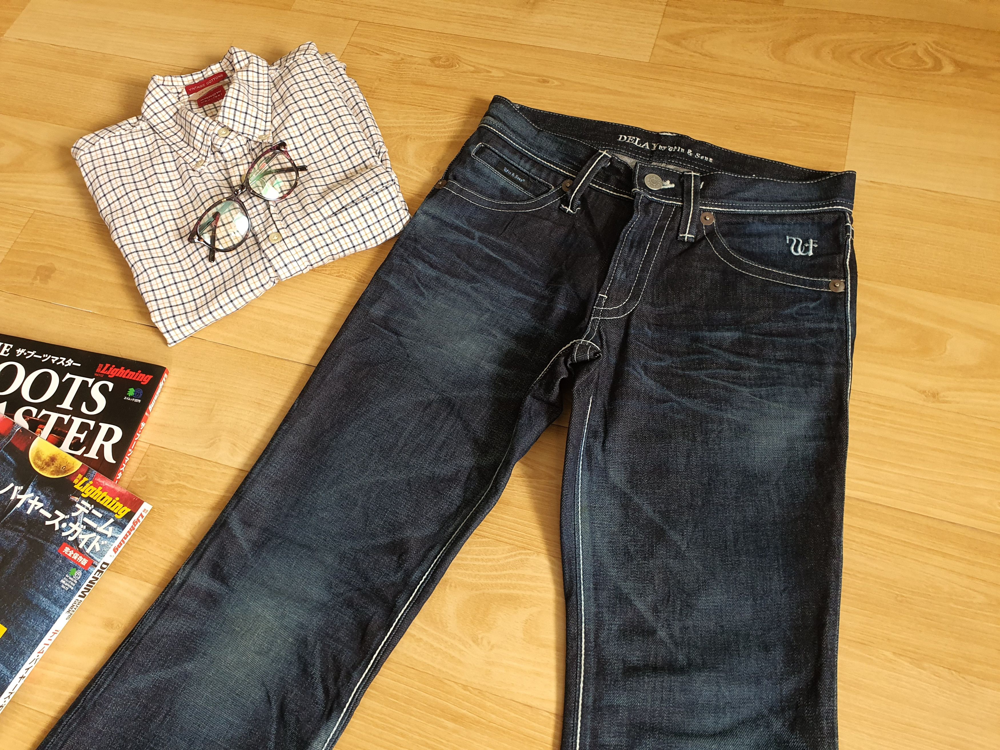 パンツ DELAY by Win&Sons damage flared denim DELAY by Win & Sons Japan Black Washed Denim Coveralls