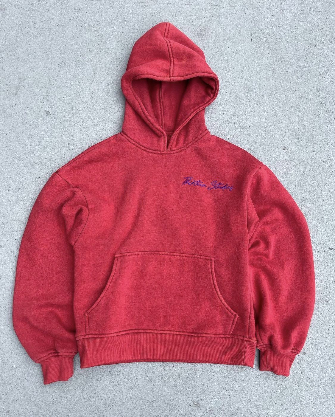 Streetwear Thirteen Studios Red Acid Washed Hoodie | Grailed