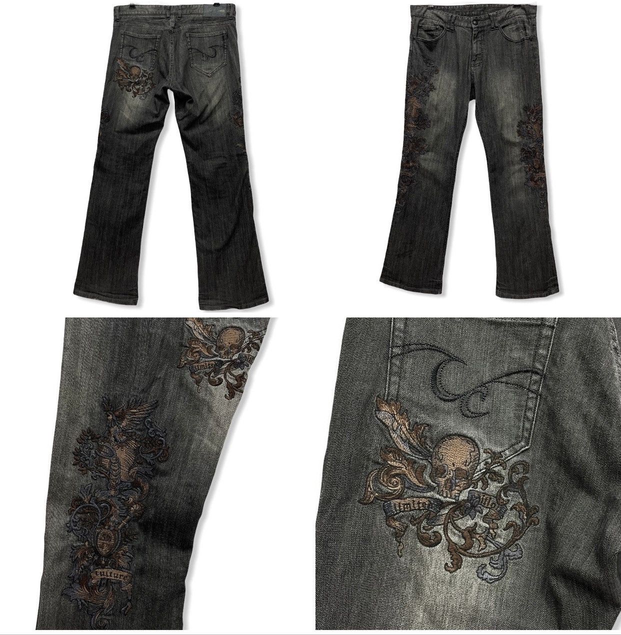 Japanese Brand Embroidery Skulls Flared Jeans Size US 33 - 1 Thumbnail