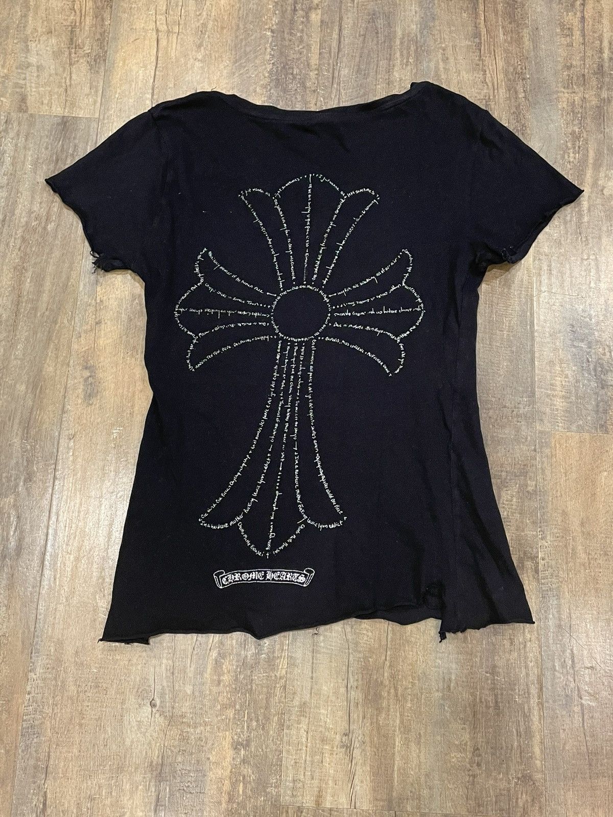 Chrome Hearts Cross Poem Logo Distressed Raw Hem Black Tee